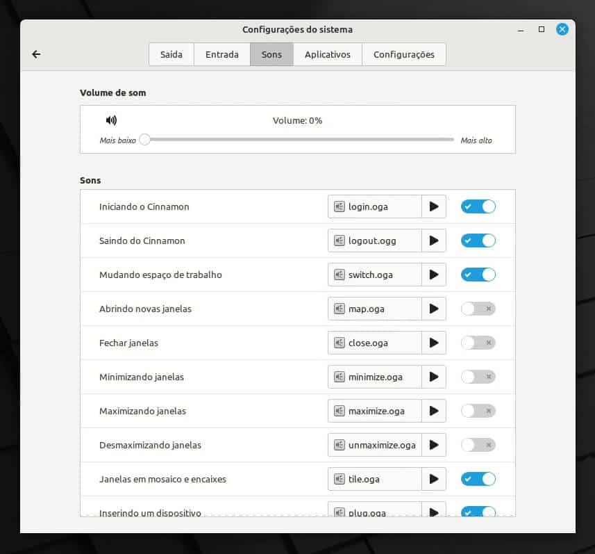 Linux Mint 21.1 Sons do Sistema